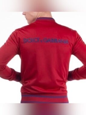 Dolce & Gabbana Red Bomber Jacket with Blue Logo
